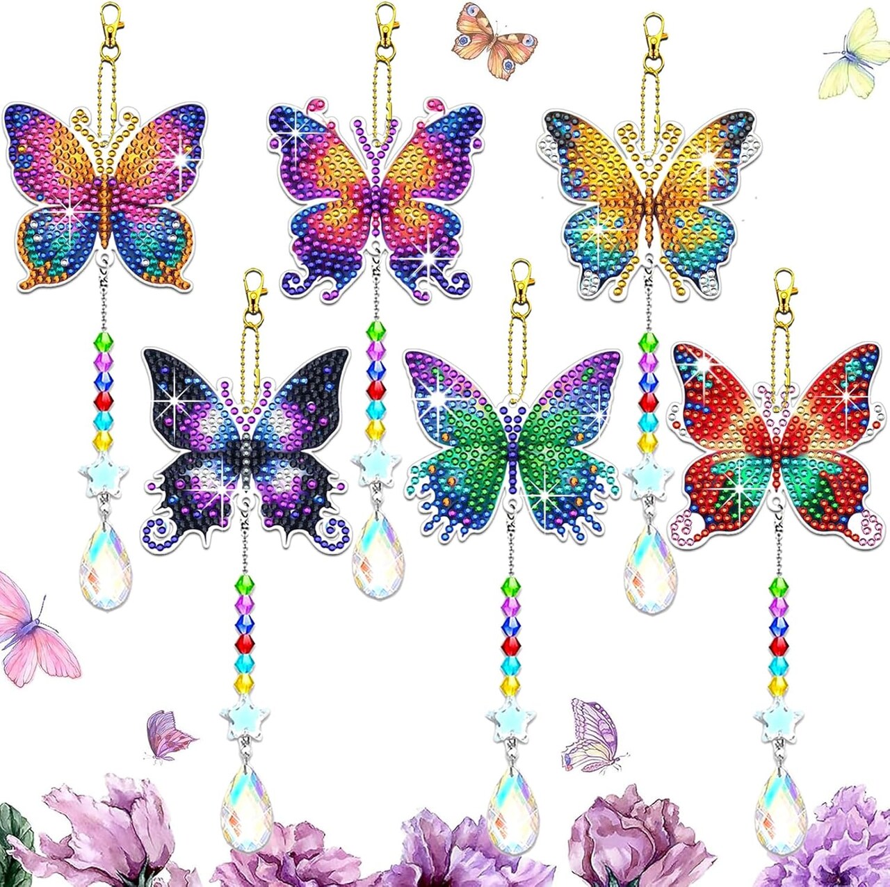 6 Pcs Butterfly Diamond Art Kits for Adults Beginner DIY Diamond Art Suncatchers Wind Chimes Small Diamond Painting Kits Arts and Crafts for Adults Gem Paint by Numbers Hanging Ornament